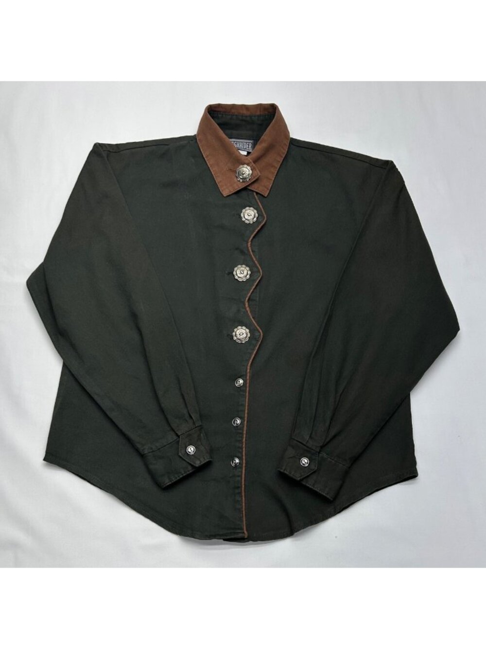 Roughrider Vintage Western Shirt XS USA Made Ornate Silver Tone Buttons Olive